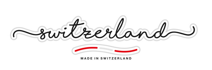 Made in Switzerland, new modern handwritten typography calligraphic logo sticker, abstract Switzerland flag ribbon banner
