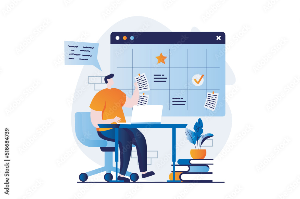 Poster strategic planning concept with people scene in flat cartoon design. man develops project strategy, 