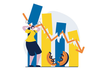 Stock market concept with people scene in flat cartoon design. Woman losing money and investments, analysing chart with negative trend, financial crisis. Vector illustration visual story for web