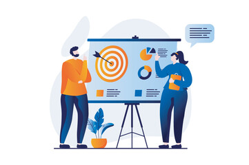 Strategic planning concept with people scene in flat cartoon design. Woman and man discuss tasks, set goals, develop marketing strategy and work in team. Vector illustration visual story for web