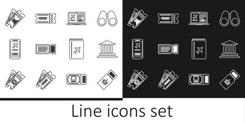 Set line Airline ticket, Museum building, Laptop with, Ticket, Mobile, Cover book travel guide and icon. Vector