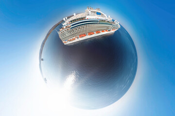 Cruise liner ship on top of the planet. Travel concept
