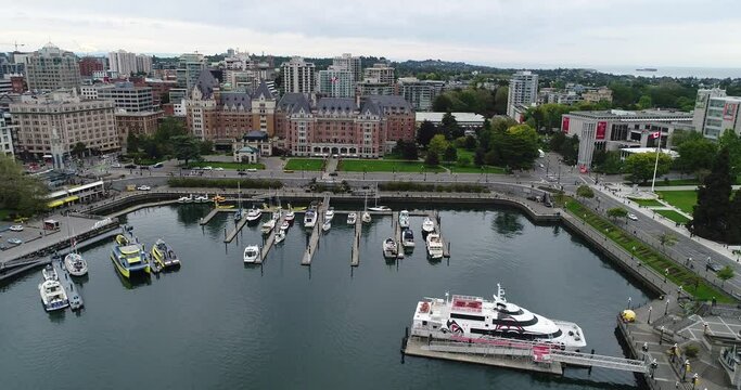 4k Drone Footage of Boats, Harbour, and Downtown of Victoria, BC, Canada. 