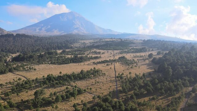 drone shot view from paso de cortez iztaccihuatl popocatepetl natural national park to Popocatepetel volcano smoking 