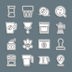 Set line Location with coffee bean, Coffee tamper, moca pot, and conversation, V60 maker, cup, Pour over and machine icon. Vector