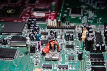 Cyber ​​relationships on the Internet. Connected people. People and microchips. Cybernetic society