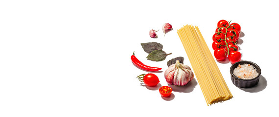 Traditional ingredients for cooking classic Italian spaghetti isolated on white