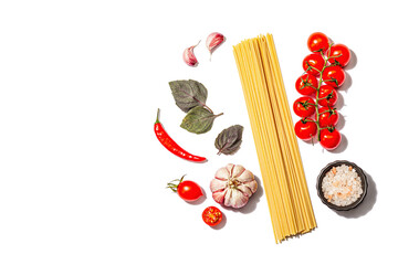 Traditional ingredients for cooking classic Italian spaghetti isolated on white
