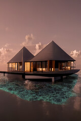 Resort holidays in the Maldives. Sunset in the Maldives. House on the water, palm tree. 3D illustration.