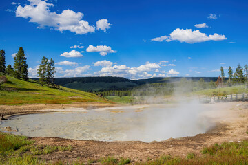 Sunny view of the landscape around Mud Volcano in Yellowstone National Park