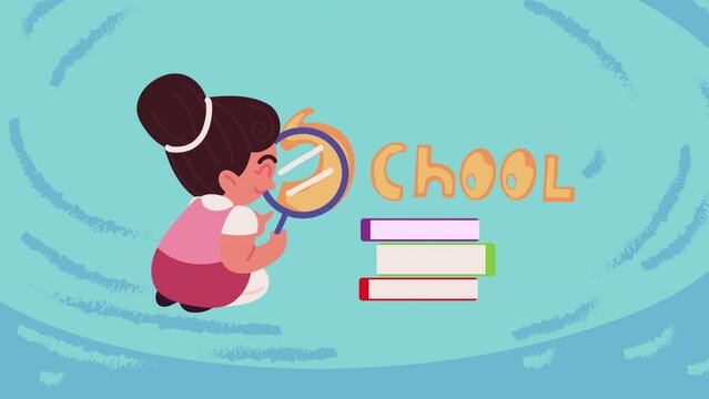 little student girl with magnifying glass animation