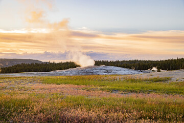 Sunset view of the Old Faithful geyser