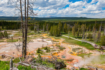 Sunny view of the landscape around Artists Paintpots in Yellowstone National Park