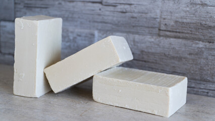 Natural Olive oil soap. Organic handmade soap bars with olive branch concept. Skin care products. Selective focus.