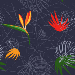 Fototapeta na wymiar Vector tropical hand drawn seamless pattern with flower and palm leaves. Abstract background ideal for wrapping paper, wallpaper and textiles, fashion industry. 