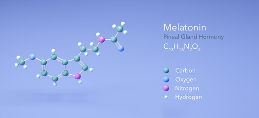 Melatonin, Pineal gland Hormony. Structural Chemical Formula and Atoms with Color Coding, 3d rendering