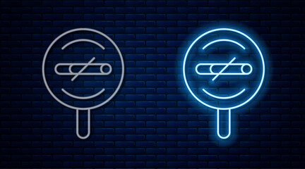 Glowing neon line No smoking icon isolated on brick wall background. Cigarette smoking prohibited sign. Vector