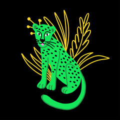 Children's drawing of a leopard sitting on a background of leaves