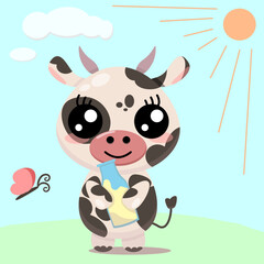 Joyful illustration with cow in cartoon style and bottle of milk for funny or romantic greeting card