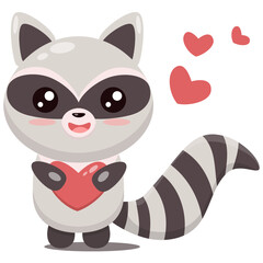 Love illustration with raccoon in cartoon style and red hearts for romantic greeting card
