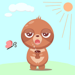 Joyful illustration with sloth in cartoon style and mug of tea for funny or romantic greeting card