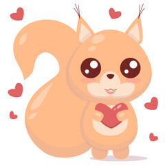 Love illustration with squirrel in cartoon style and red hearts for romantic greeting card