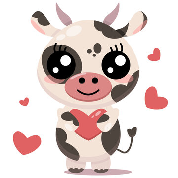 Love illustration with cow in cartoon style and red hearts for romantic greeting card