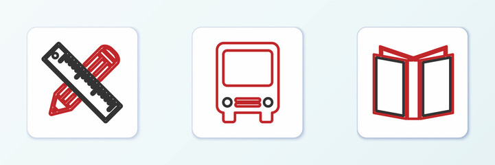 Set line Open book, Crossed ruler and pencil and Bus icon. Vector
