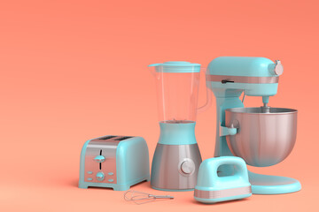 Electric blender for making healthy smoothie, hand mixer and toaster on coral