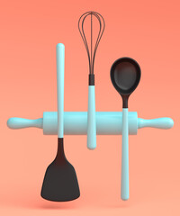 Wooden kitchen utensils, tools and equipment on coral background.