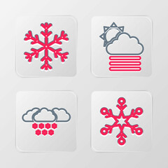 Set line Snowflake, Cloud with snow, Fog and cloud sun and icon. Vector