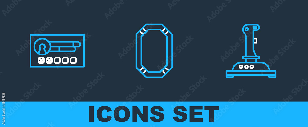 Poster set line joystick for arcade machine, create account screen and poker table icon. vector