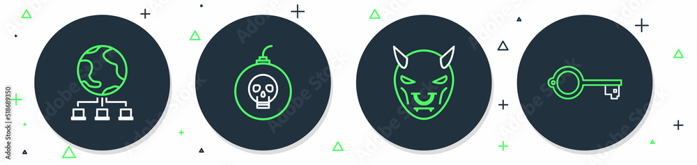 Poster set line bomb ready to explode, mask of the devil with horns, computer network and ancient key for g