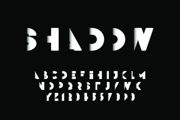 Modern designer shadow alphabet. Trendy english font. White latin letters and numerals - digital minimalistic style. New creative signs typeface