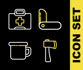 Set line Swiss army knife, Wooden axe, Camping metal mug and First aid kit icon. Vector