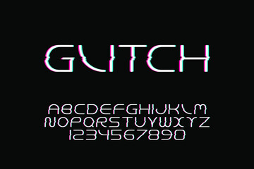 Vector stylized glitch alphabet. Trendy english graphic font. Destorted simple latin letters and numerals. New creative signs typeface