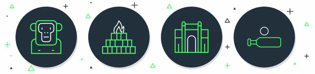 Set line Yagna, India Gate in Delhi, Monkey and Wood cricket bat and ball icon. Vector