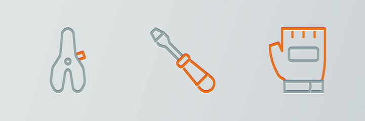 Set line Gloves, Bicycle seat and Screwdriver icon. Vector - obrazy, fototapety, plakaty