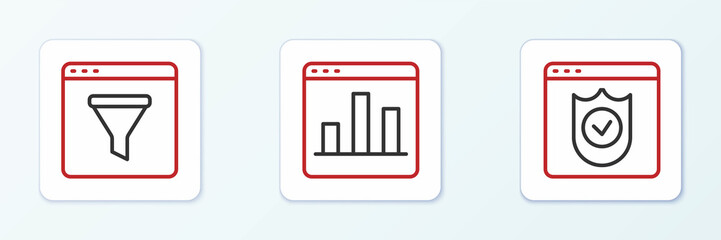 Set line Browser with shield, window and Graph chart infographic icon. Vector