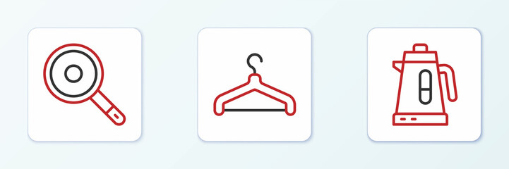 Set line Electric kettle, Frying pan and Hanger wardrobe icon. Vector