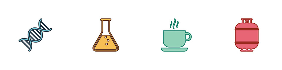 Set DNA symbol, Test tube and flask, Coffee cup and Propane gas tank icon. Vector