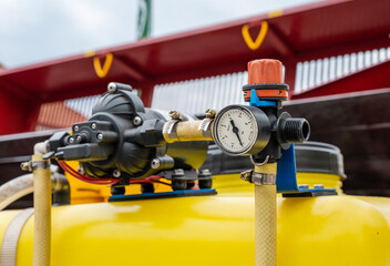 Pressure gauges mounted on the pipeline. Measuring instruments for pressure control. Close up of...