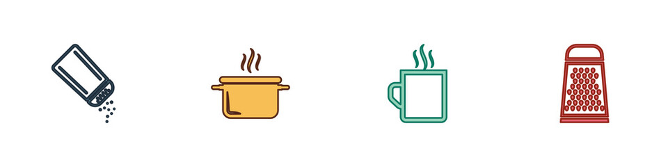 Set Salt and pepper, Cooking pot, Coffee cup and Grater icon. Vector