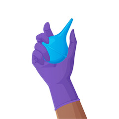 Hand holding pink rubber enema or clyster. Medical cleaning body detox tool.