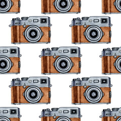Watercolor illustration pattern of a brown retro camera. Ideal for photography logo. Isolated on white background. Drawn by hand.