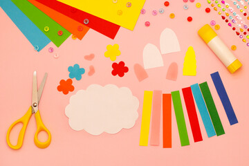 Fototapeta premium Children's DIY art project. Step by step photo instruction. Original project for children. Kids Summer holidays crafts. Step 1. Preparation of materials for creativity.