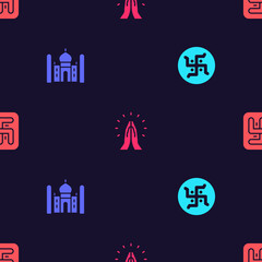 Set Hindu swastika, Taj Mahal, Hands praying position and on seamless pattern. Vector