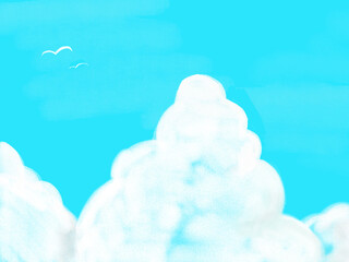 暑い夏の日の入道雲・青空の色鉛筆風の景色