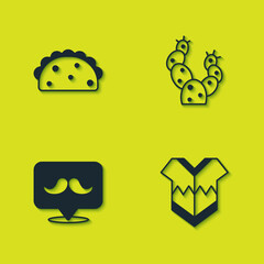 Set Taco with tortilla, Poncho, Mustache and Cactus icon. Vector