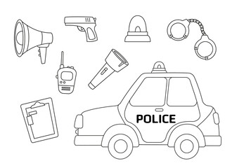 A set of items related to the police. Car, guns, handcuffs. Vector illustration in cartoon childish style. Isolated funny clipart on white background. cute print.